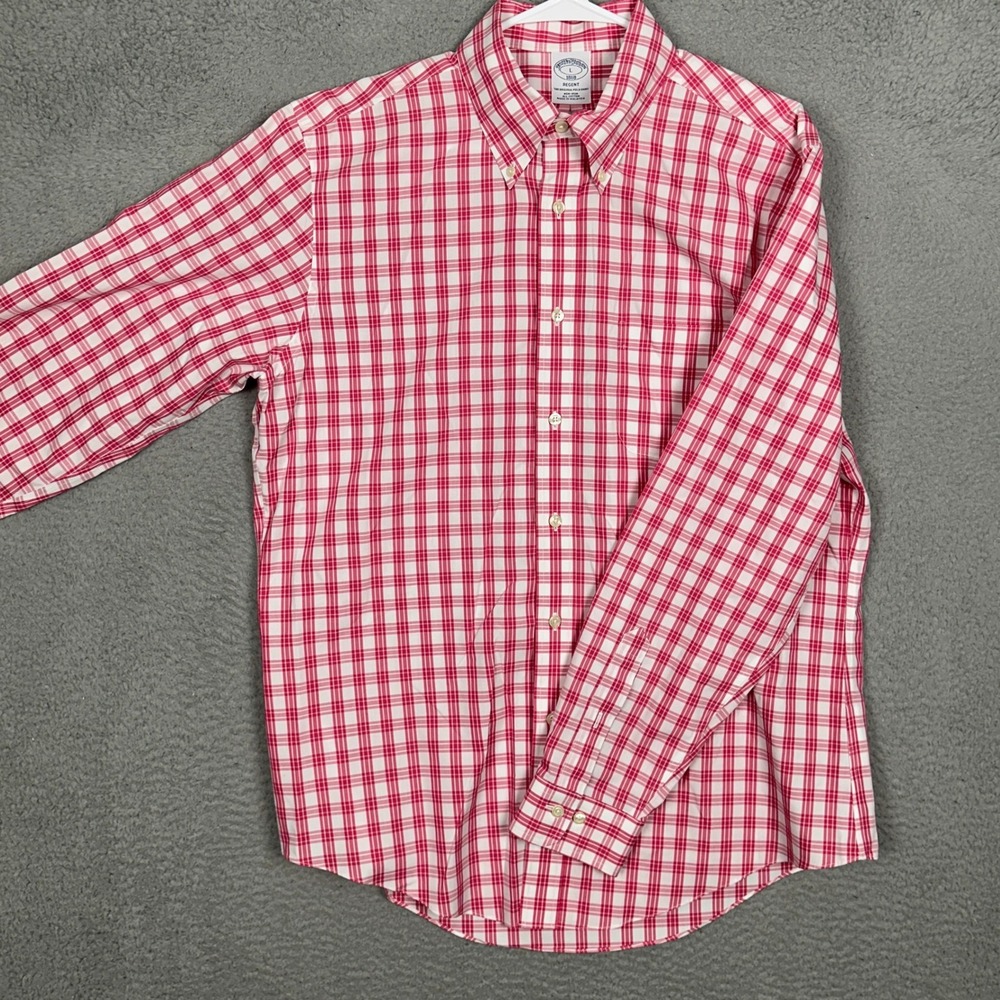 Brooks Brothers Shirt Men Large Regent Pink White Plaid Non-Iron Button Down EUC